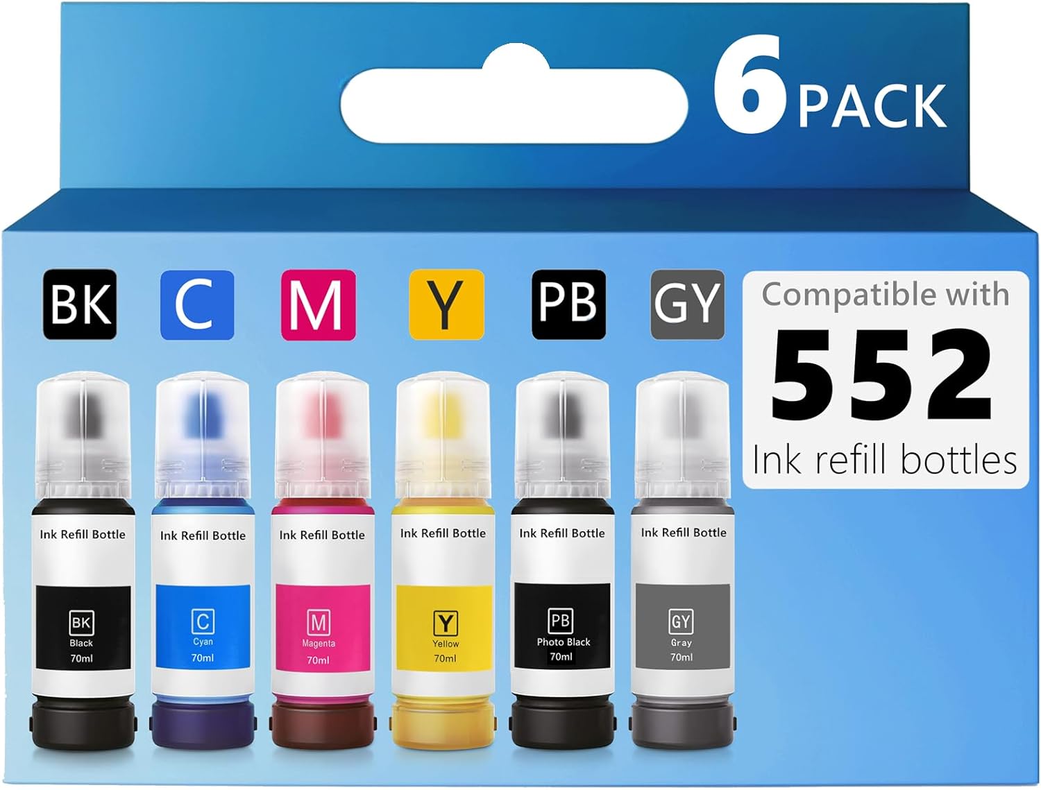 6 Pack Refill Ink Bottles Compatible with epson 552 Ink Refill Bottles for Ecotank Photo ET-8550 ET-8500 ET8550 ET8500 8550 8500 Printers Black Cyan Magenta Yellow Photo Black Grey/Gray Ink Refill