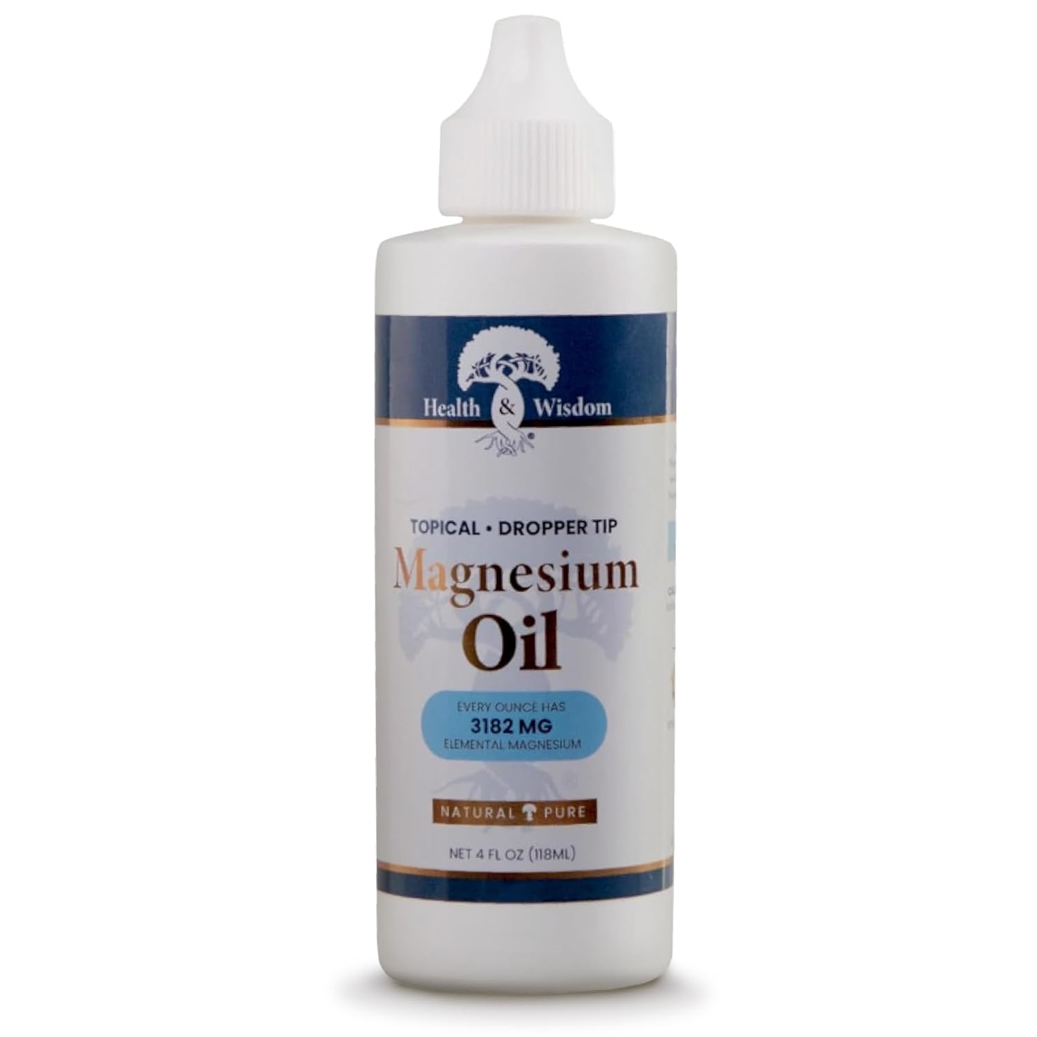 Health and Wisdom Topical Magnesium Oil - Pure Magnesium Oil, Magnesium Oil for Feet, Transdermal Magnesium Oil for Bath, Magnesium Massage Oil, Magnesium Chloride Oil, Dripper Top - 4 Fl Oz