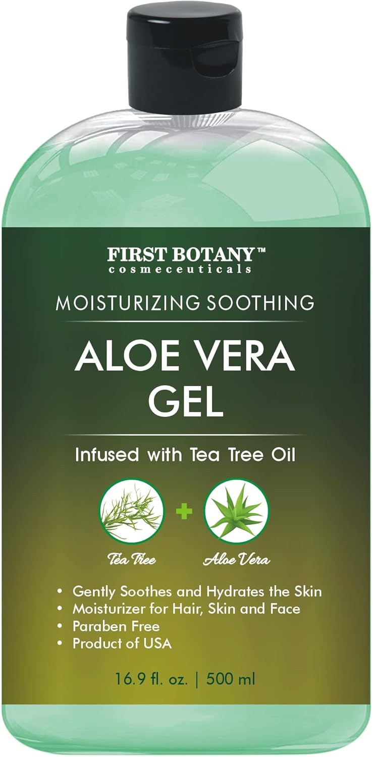 First Botany, Aloe Vera Gel from 100 Percent Pure Aloe Infused with Tea Tree Oil - Natural Raw Moisturizer for Hand Sanitizing Gel, Skin Care, Hair Care, Sunburn, Acne & Eczema -16.9 fl oz | 500 ml