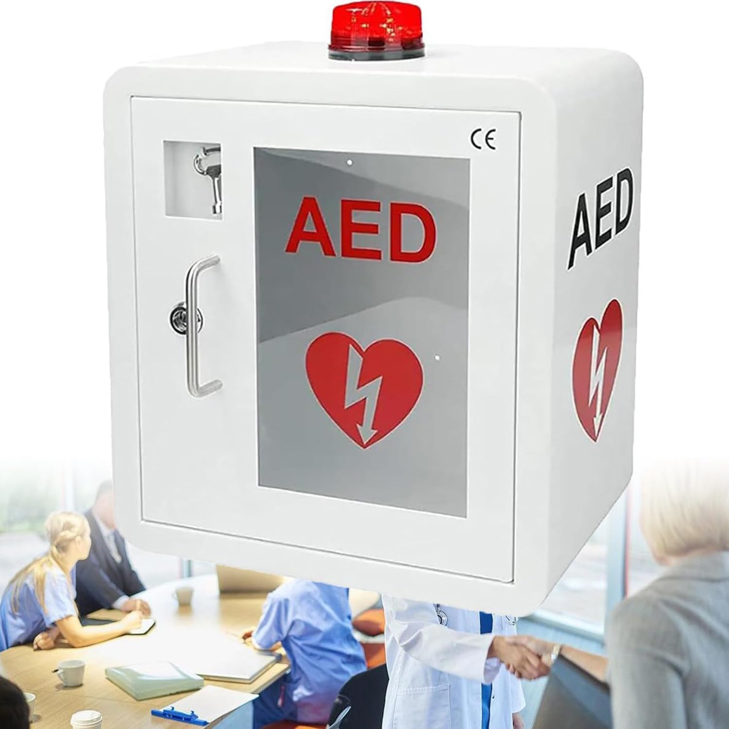 First Aid AED Defibrillator Wall Mounted Storage Cabinet, AED Cabinet, with Key, First Aid Case, Fits Most AED Models 14.1 * 7.9 * 15.7 In, for Emergency at Home, Office and Public Places