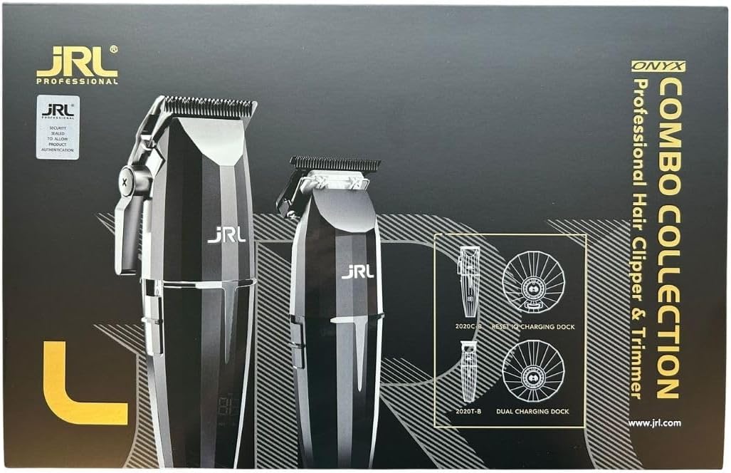 Amazon Series JRL Onyx Combo Collection Professional Hair Clipper and Trimmer Equipped w/EZ-Gap Blades, 2 Charging Docks, Guards, Oil for Barber & Stylists (Black)