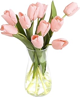 10PCS Faux Flowers with Vase, Faux Silk Tulip Flower Artificial Flowers Bouquet in Glass Vase, Faux Flower Arrangement with Vase for Home Office Decoration, Dining Table Centerpiece Fake Tulips