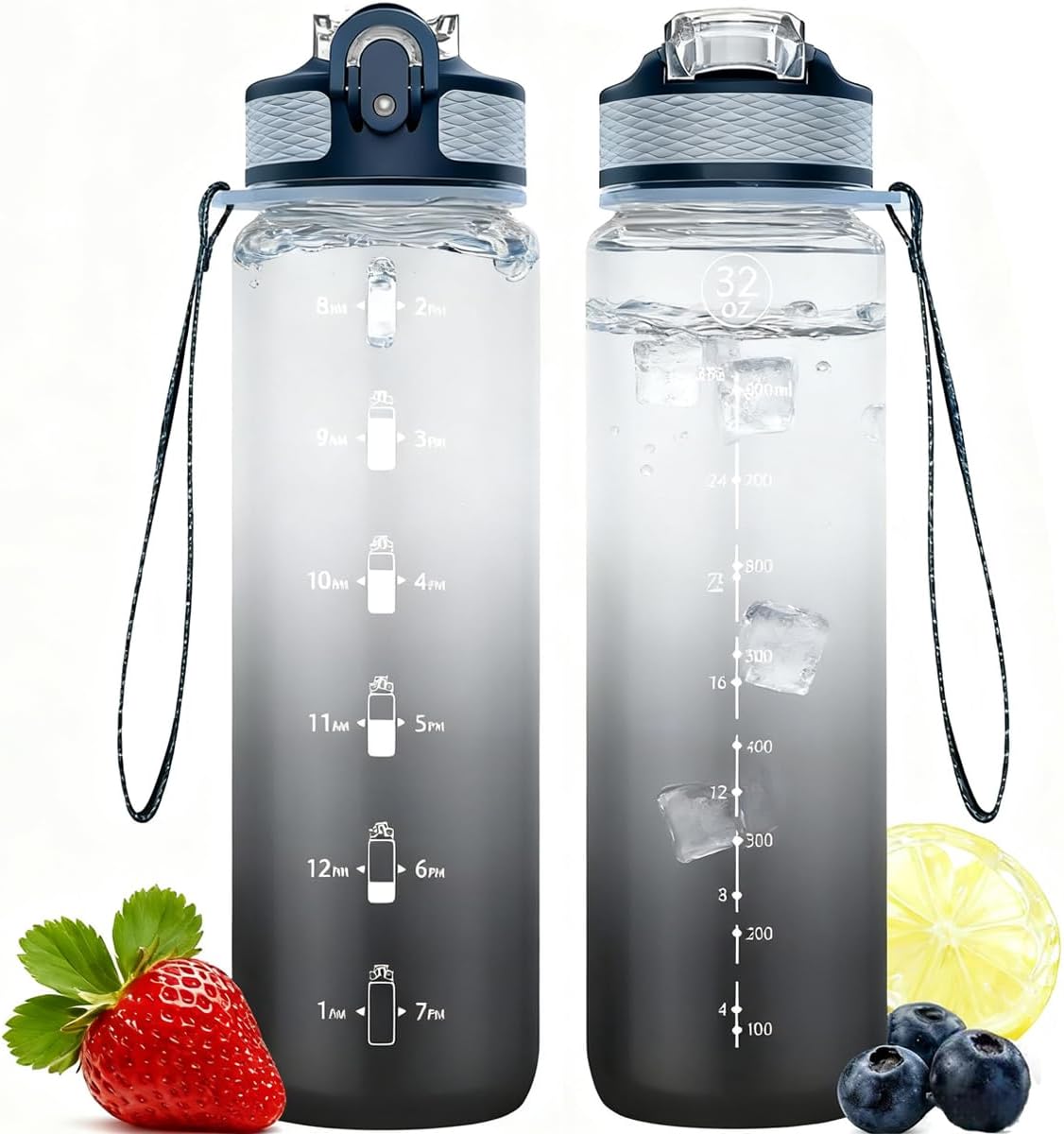 NAVTUE Water Bottle, 1L Sports Water Bottle with Straw, Time Markings, Leak Proof, Tritan BPA free for School, Cycling, Running (1 Bottle)