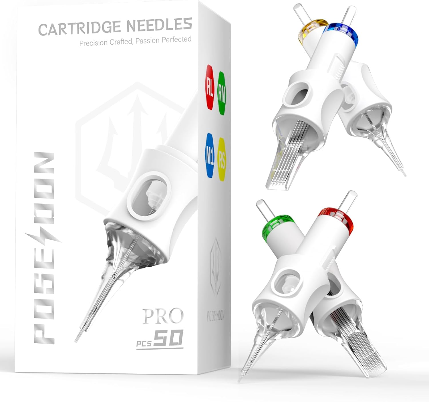 POSEIDON Professional Tattoo Cartridges Needles 50-Pack, Assorted Sizes Round Liner Shader Magnum, 3RL/5RL/7RL/9RL/9RM/11RM/15RM/7M1(#10), 5RS/9RS(#12), Disposable Needles with Membrane, Universal Fit