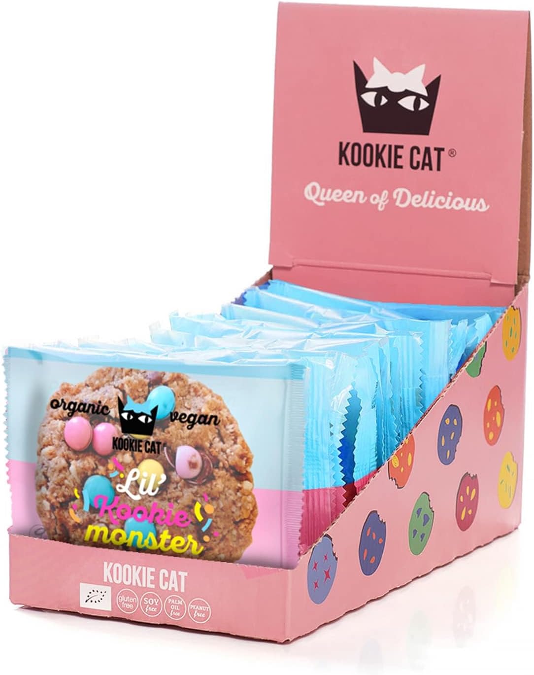 Kookie Cat Lil’ Kookie Monster - Individually Wrapped Vegan Cookies, Gluten Free, Soy Free, Bio and Organic, Cashew & Oats - 12 x 50g Multipack