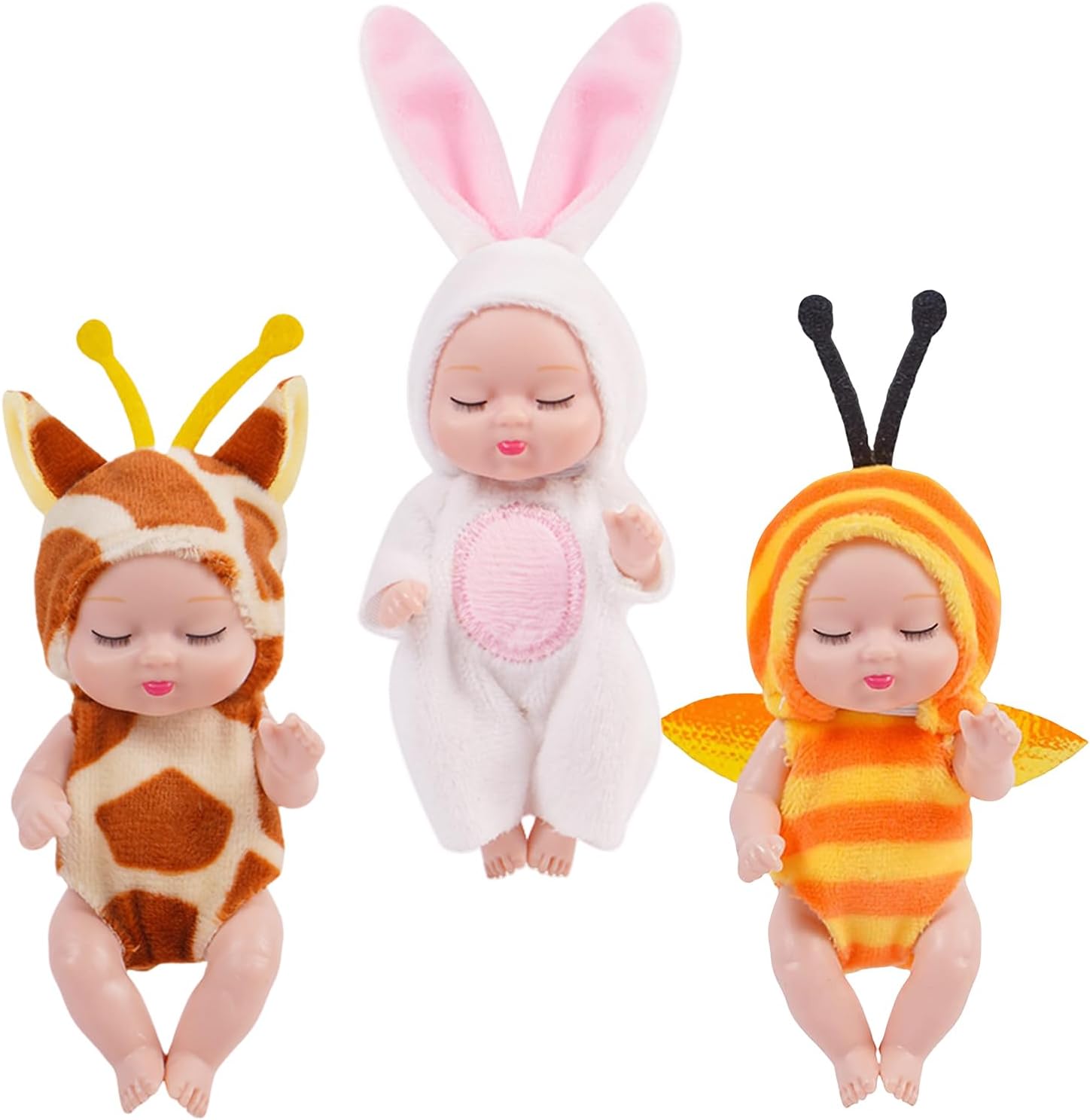 3Pcs Tiny Treasures Baby Doll Mini Reborn Dolls with Animal Clothes,Cute Little Doll Baby Elves Realistic Rebirth Dolls Miniature Cry Baby Doll Accessories for Girls Boys Kids Christmas Birthday Gifts