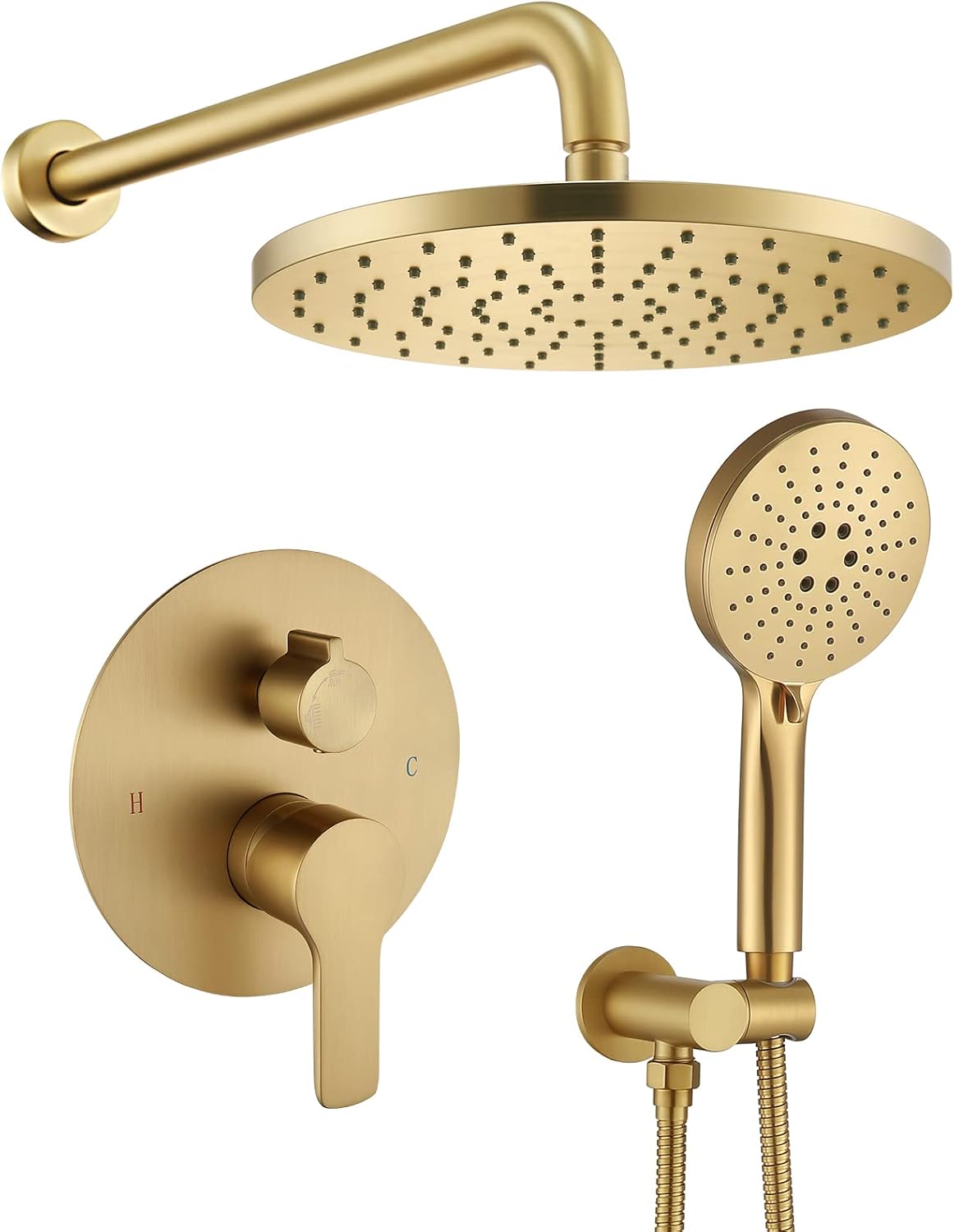 Iriber Brushed Gold Shower Head with Handheld,Rain Shower System Faucet Set | Bathroom Wall Mounted Shower Set,10 Inch Rain Shower Head,3-Setting Handheld,Shower Trim Kit,Pressure Balance Valve Cartridge