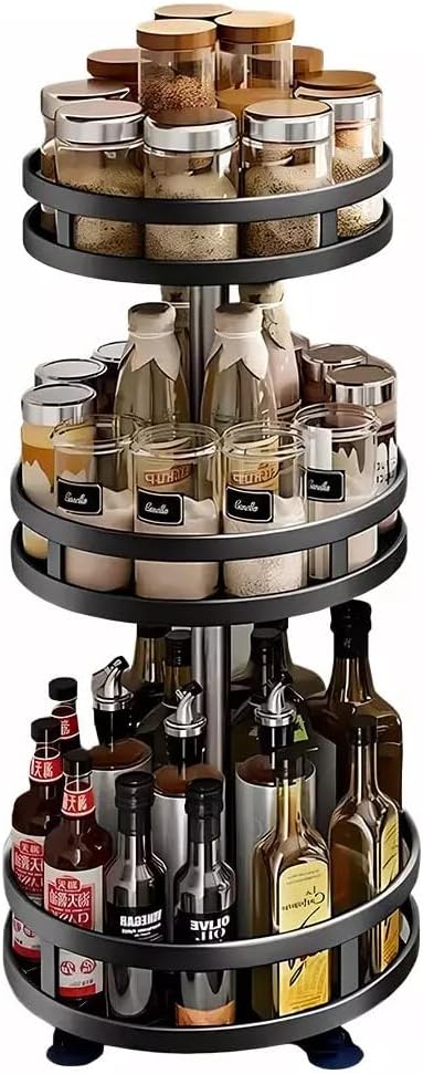 Yulun0328 Rotating Spice Rack Organiser - 3-Tier Metal Steel - Height Adjustable, Lazy Susan Spice Rack for Pantry, Cabinet, Bathroom, Vanity - Bathroom Organizer Black