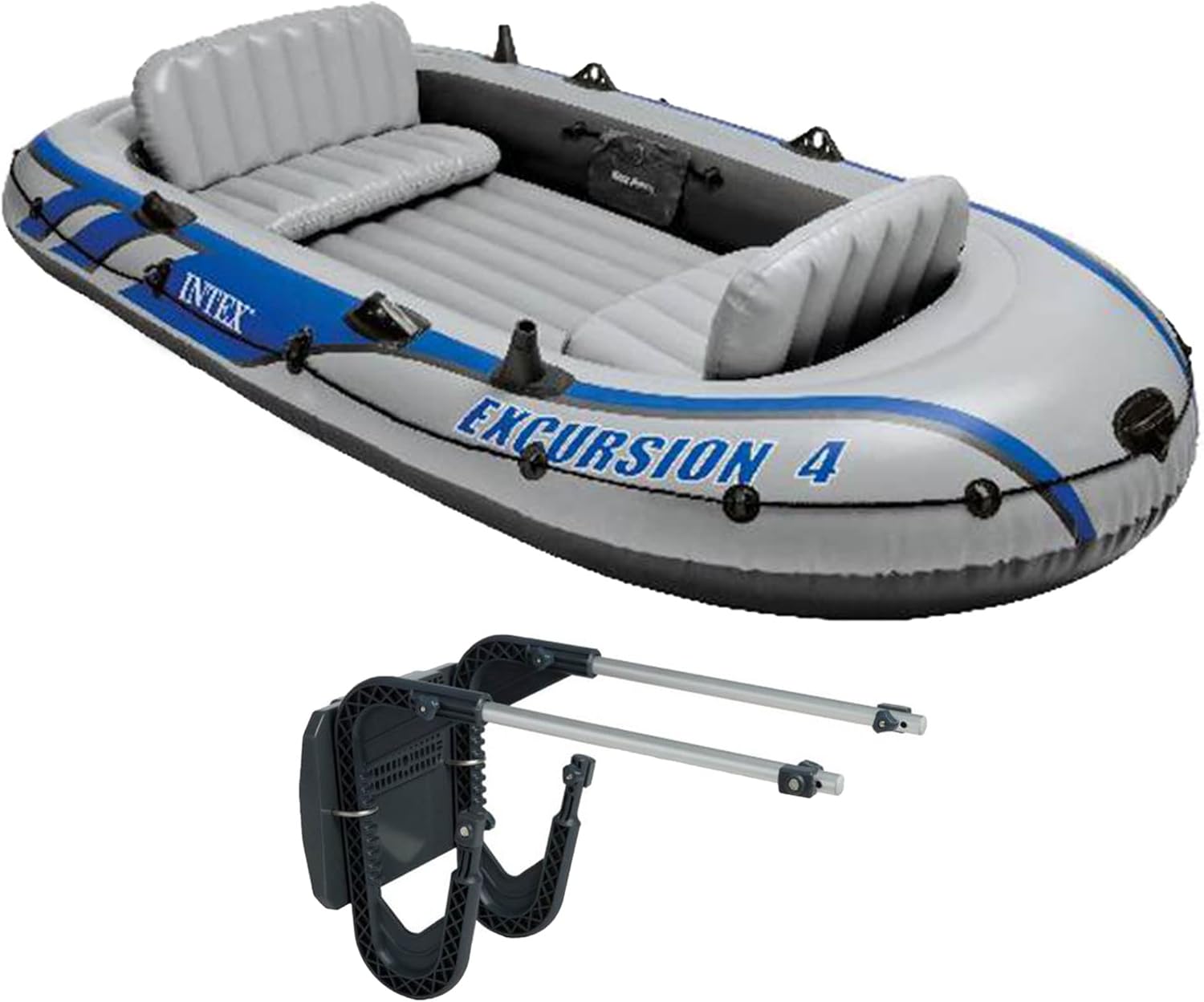 Intex Excursion 4 Inflatable 4 Person Fishing Boat Raft Set with Motor Mount Kit for Rivers and Lakes (Motor Not Included)