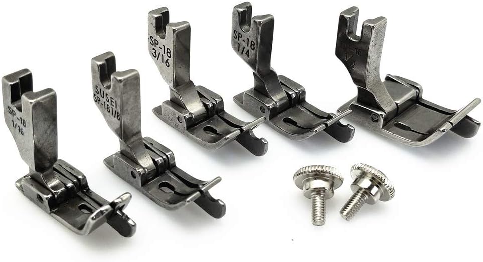 YEQIN 5Size/Set Industrial Sewing Machine Hinged Presser Foot with Right Guide #SP-18 1/16"+1/8"+3/16"+1/4"+1/2" with 2 Screws for Brother Juki Singer Single Needle Sewing Machine