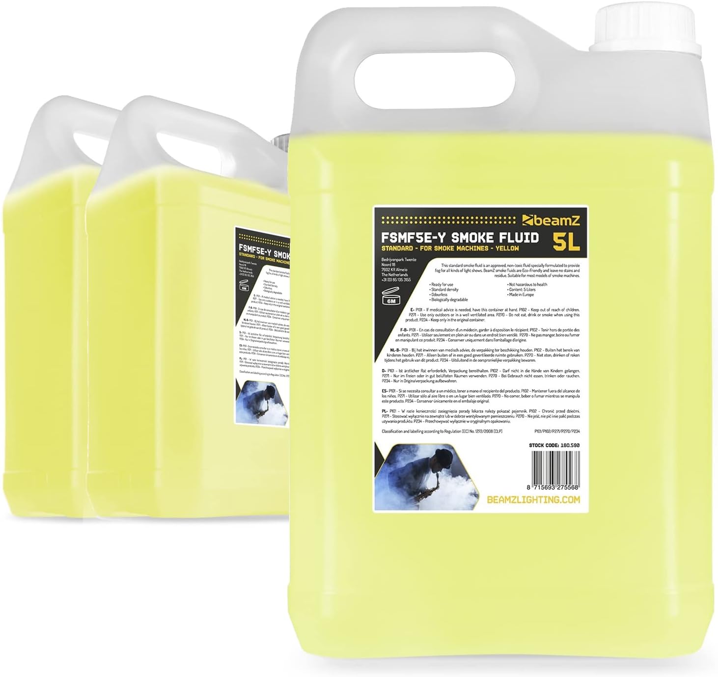 beamz Eco Smoke Machine Fluid Bundle - 3x 5L Yellow Smoke Liquid Bottles, Non-Toxic Water-Based, Low-Density White Fog Effect Fluid for Events, Parties & Stage (15 Litres)