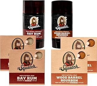 Dr. Squatch Manly Soap and Deodorant Variety Pack - Handmade with Organic Oils, Aluminum-Free - Wood Barrel Bourbon and Bay Rum - Men's Natural Soap