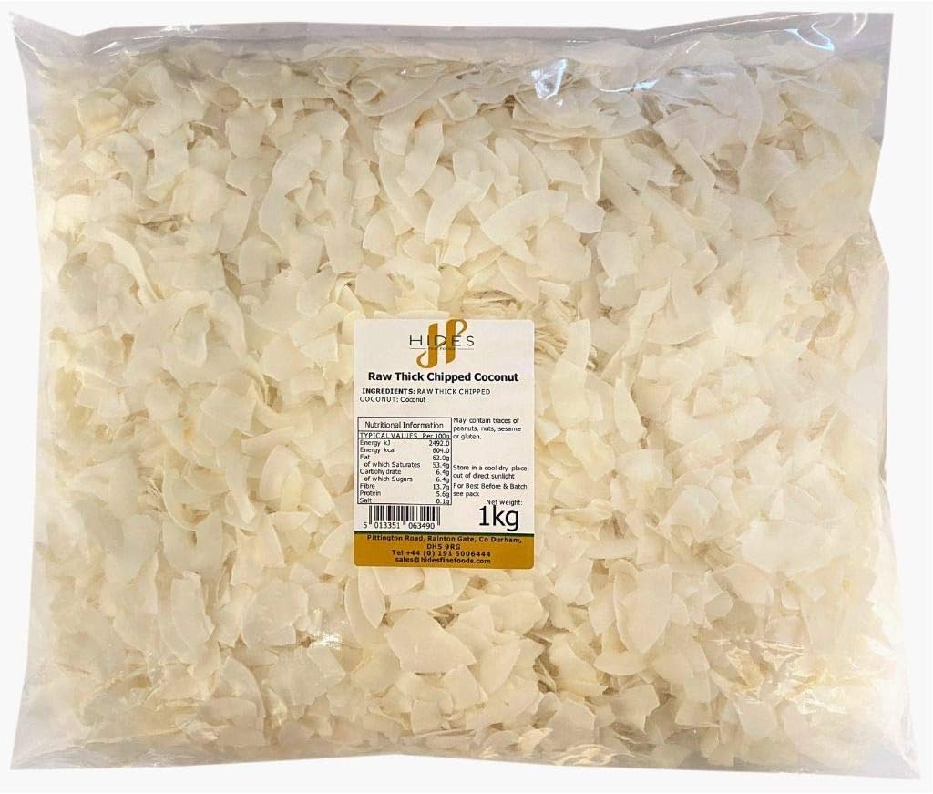 Hides Fine Foods - Raw Thick Chipped Coconut 1kg - GMO Free - Suitable for Vegetarians - Baking - Granola - Breakfast - Snacking - Desserts - Cakes - Curries