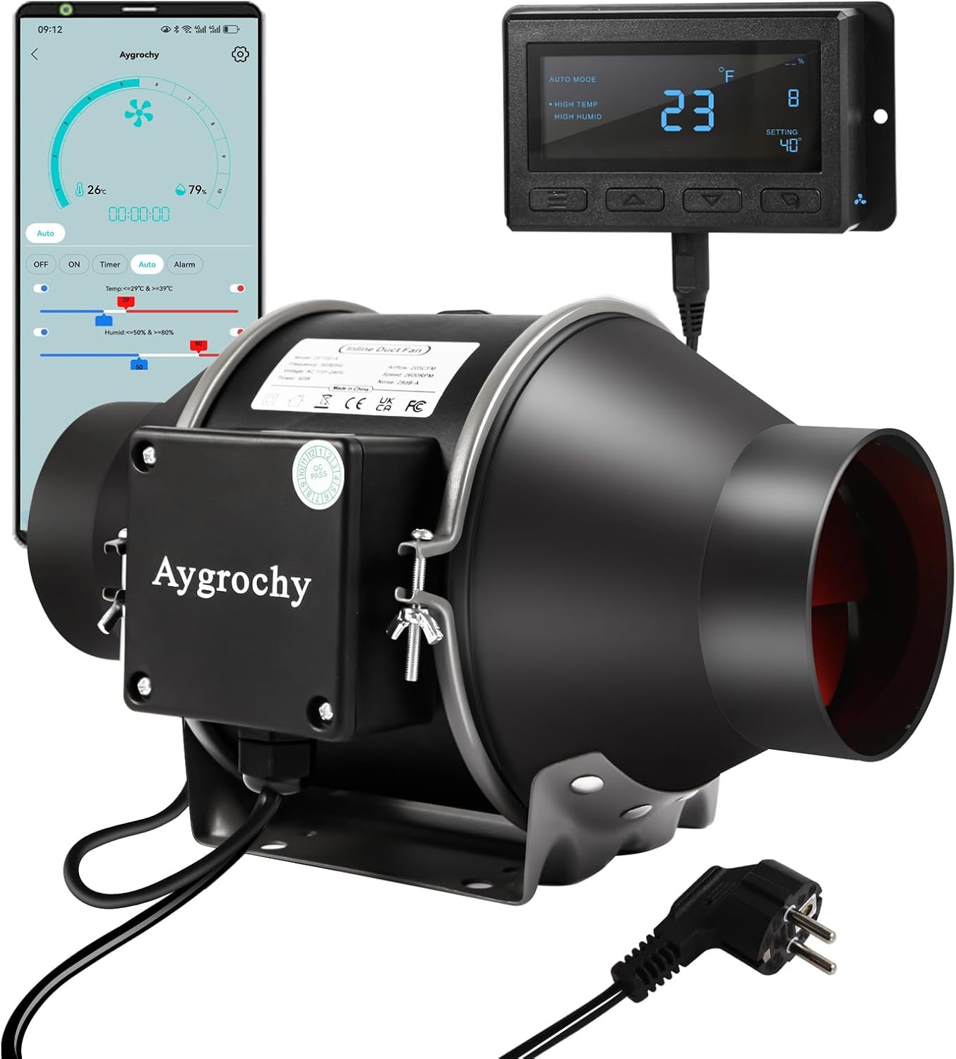 Aygrochy 4 inch wifi APP inline fan with Temperature and Humidity controller, Extractor Fan for Booster, Growth Tents, Ventilation and exhaust fan, UK Plug.