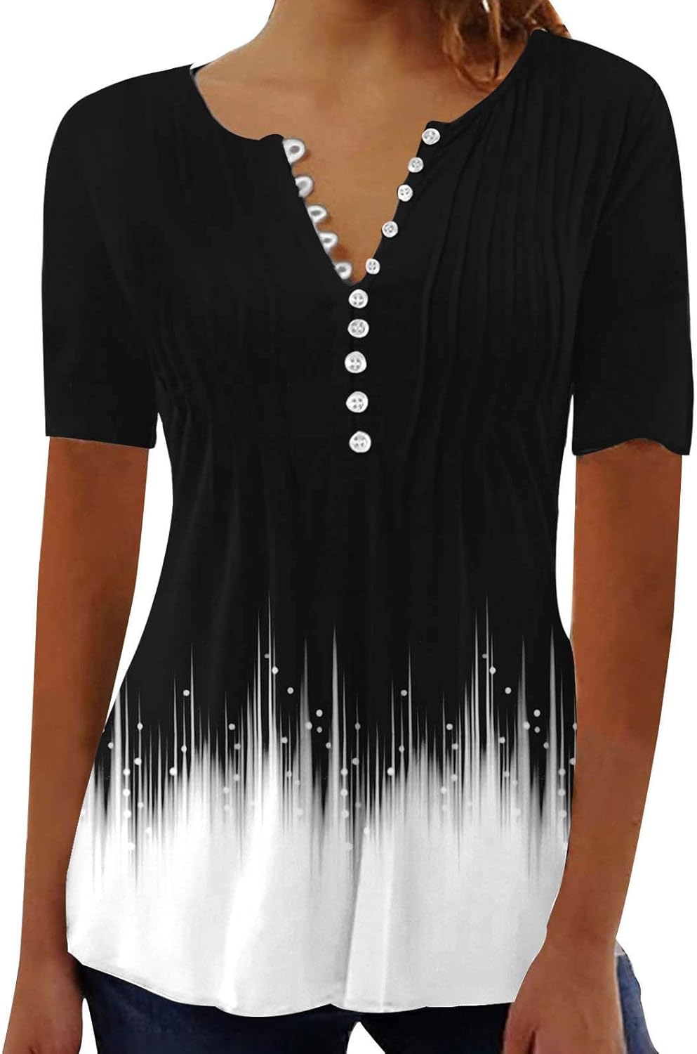 2024 Summer T Shirts for Women UK Short Sleeve Button Up V Neck Tops Trendy Pleated Henley Tunic Shirts Dressy Casual Butterfly Floral Print Blouse Ladies Elegant Going Out Tee