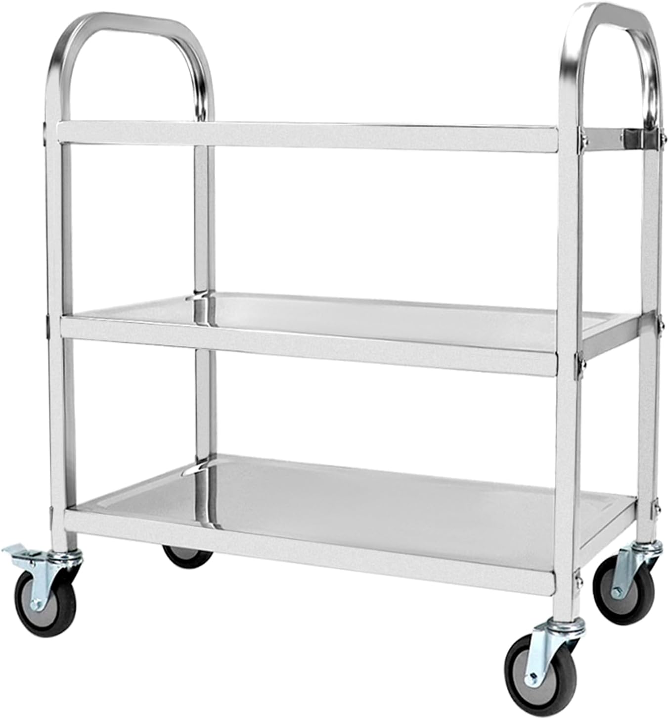 QWORK® 3-Tier Kitchen Trolley Serving Trolley - 37.5 x 25 x 37.5 Inch - 201 Stainless Steel - Quiet Wheels with Brakes