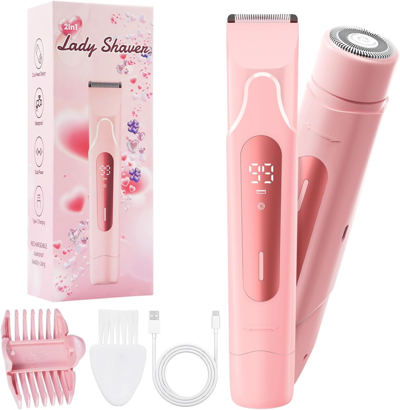 2026 Upgrade Bikini Trimmer for Women, 2 in 1 Electric Shaver with LED Display, IPX7 Waterproof Pubic Hair Trimmer, Rechageable Womens Electric Razor for Armpit Leg Body Facial (Pink)