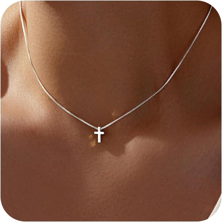 Poxtex Women’s Cross Necklace, 14K Rolled Gold, Dainty Sterling Silver Necklace, Small Cross Pendant, Faith Necklace, Simple Gold Necklace, Jewellery for Women and Girls, Gifts