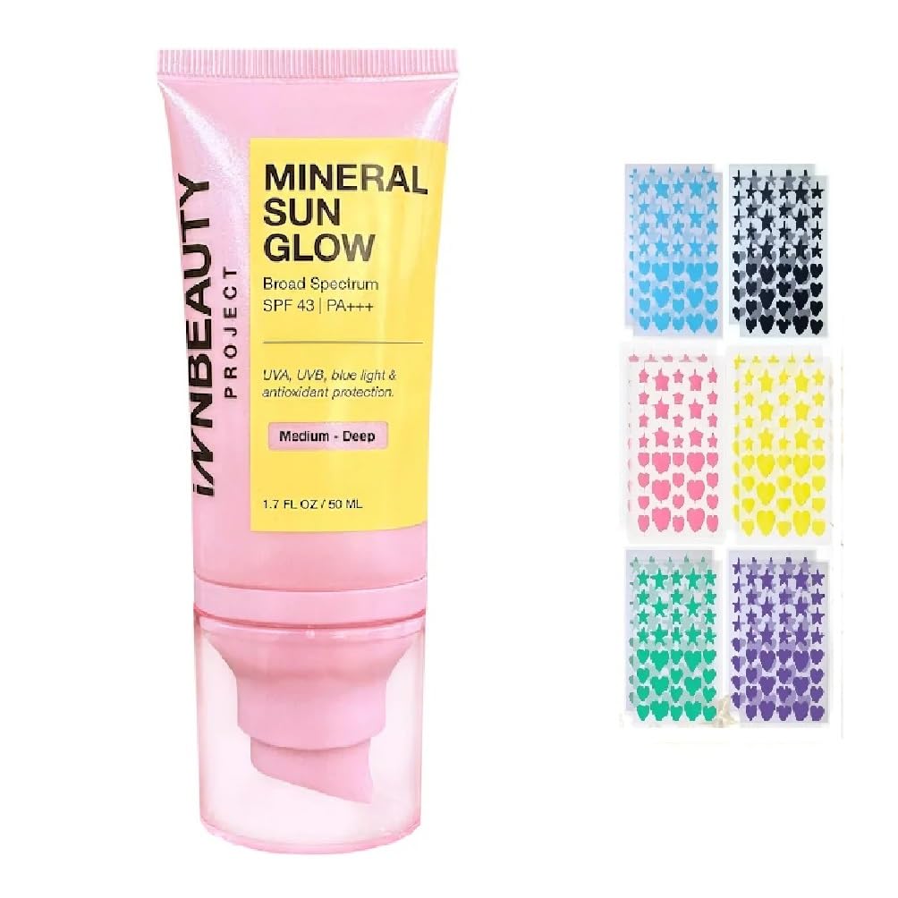 iNNBEAUTY PROJECT Mineral Sun Glow Broad Spectrum SPF 43 PA +++ with and Vitamin C 1.7 oz / 50 ml (Medium-Deep) + Bonus Acne Patch (36 Pieces)