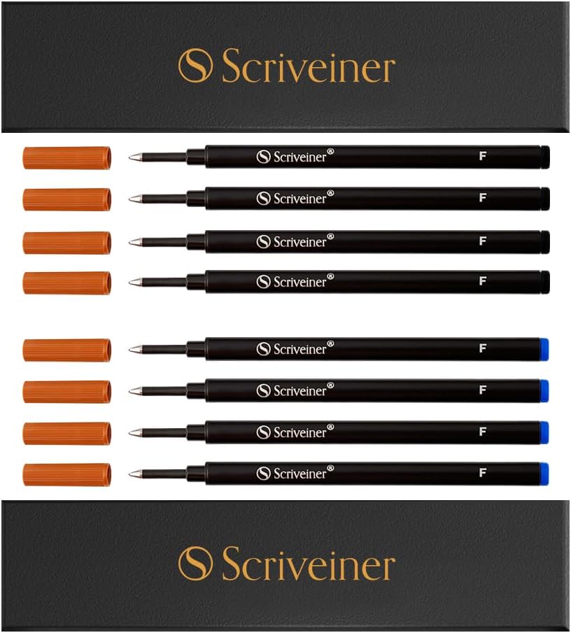 Scriveiner Rollerball Refill Bundle - 8 Pack (Black, Broad Tip, Liquid Ink) - Fits Most Rollerball Pens