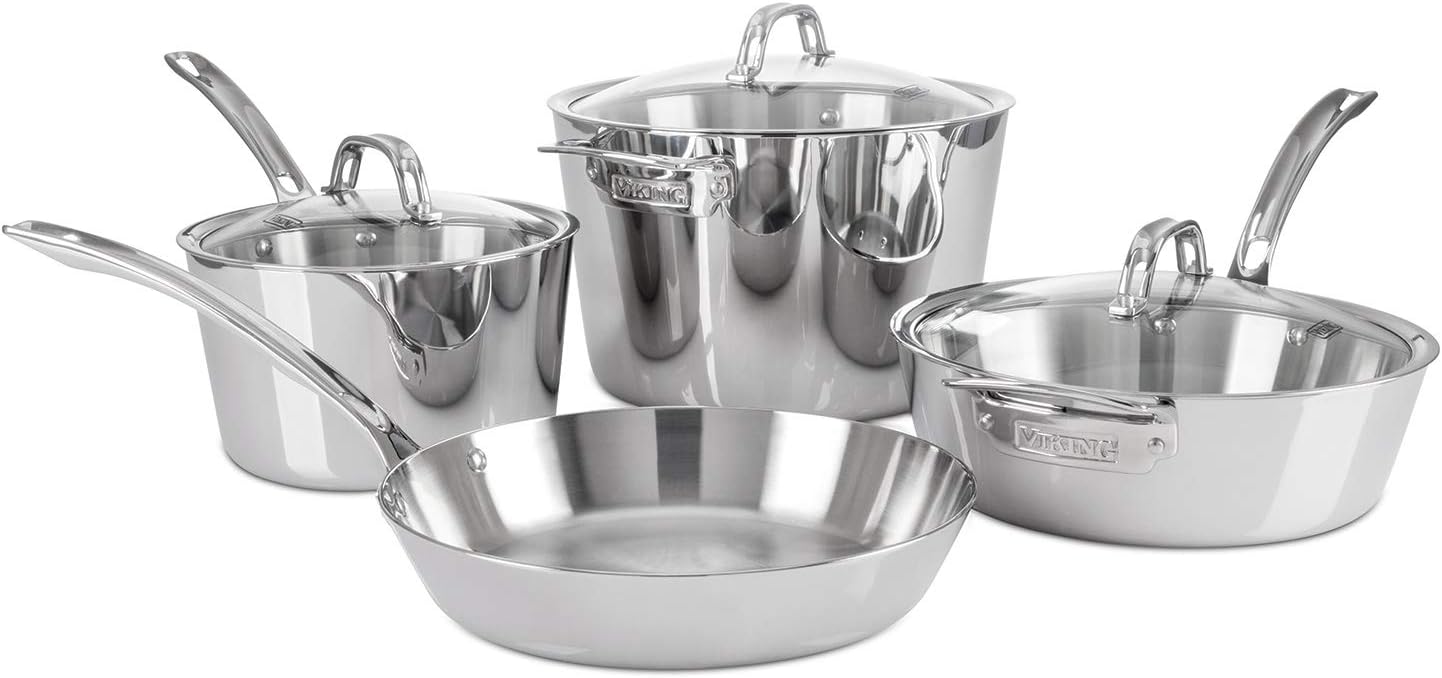 Viking Culinary Contemporary 3-Ply Stainless Steel Cookware Set, 7 Piece, Includes Glass Lids, Pots and Pans, Dishwasher, Oven Safe, Works on All Cooktops including Induction