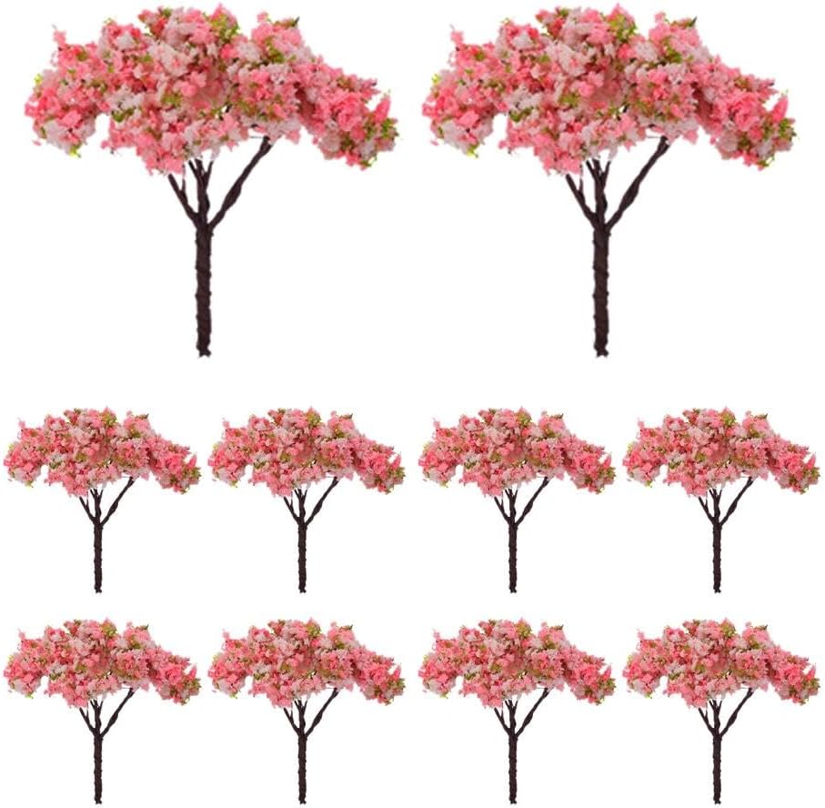 LOGOFUN 10PCS Artificial Cherry Blossom Tree Miniature Sand Table Accessories Tiny Pink Tree for Micro Landscape Garden Yard Decor - 2.75X2.36IN