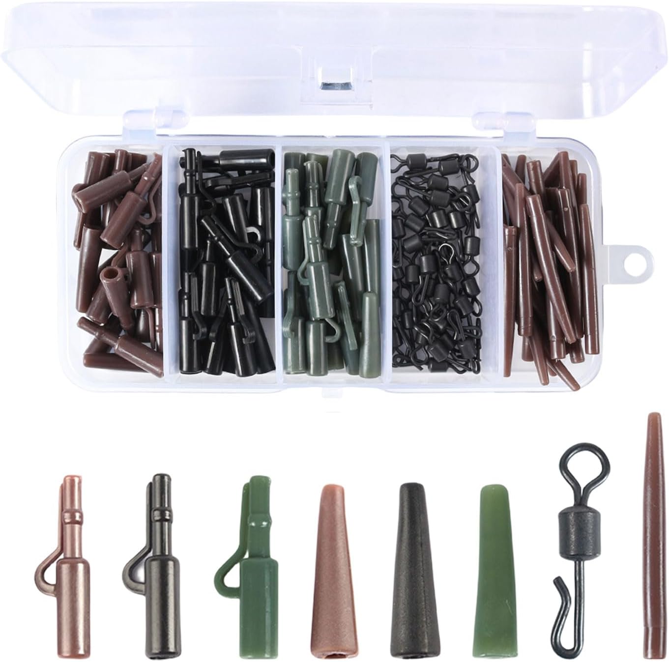 DWE Carp Fishing Accessories, 120 Pcs Anti Tangle Sleeves Tail Rubber Quick Change Swivels Safety Clips Carp Fishing Tackle Kit with Box
