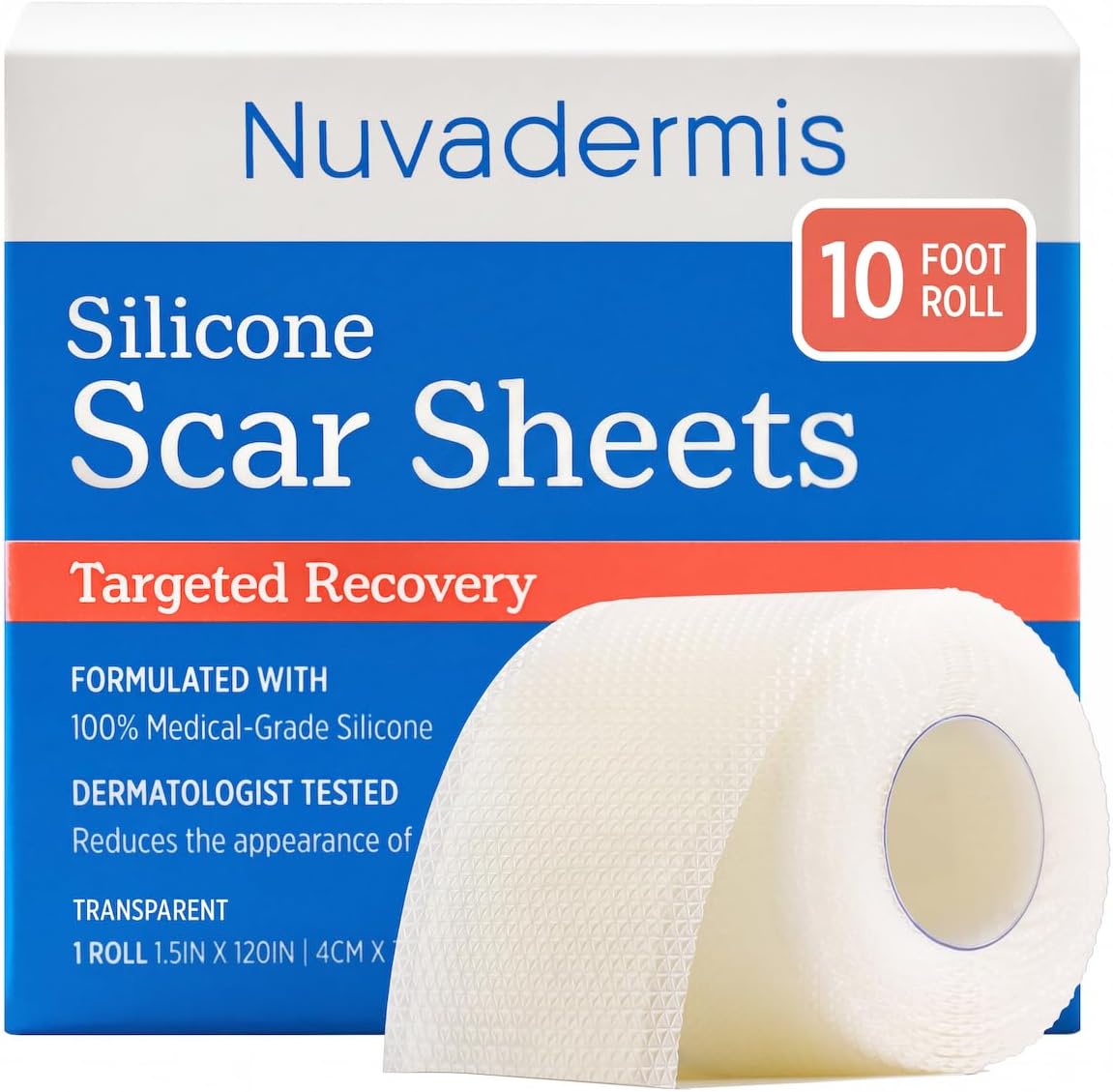 NUVADERMIS Silicone Scar Sheets for Surgical Scars, 10 ft Roll, Clear