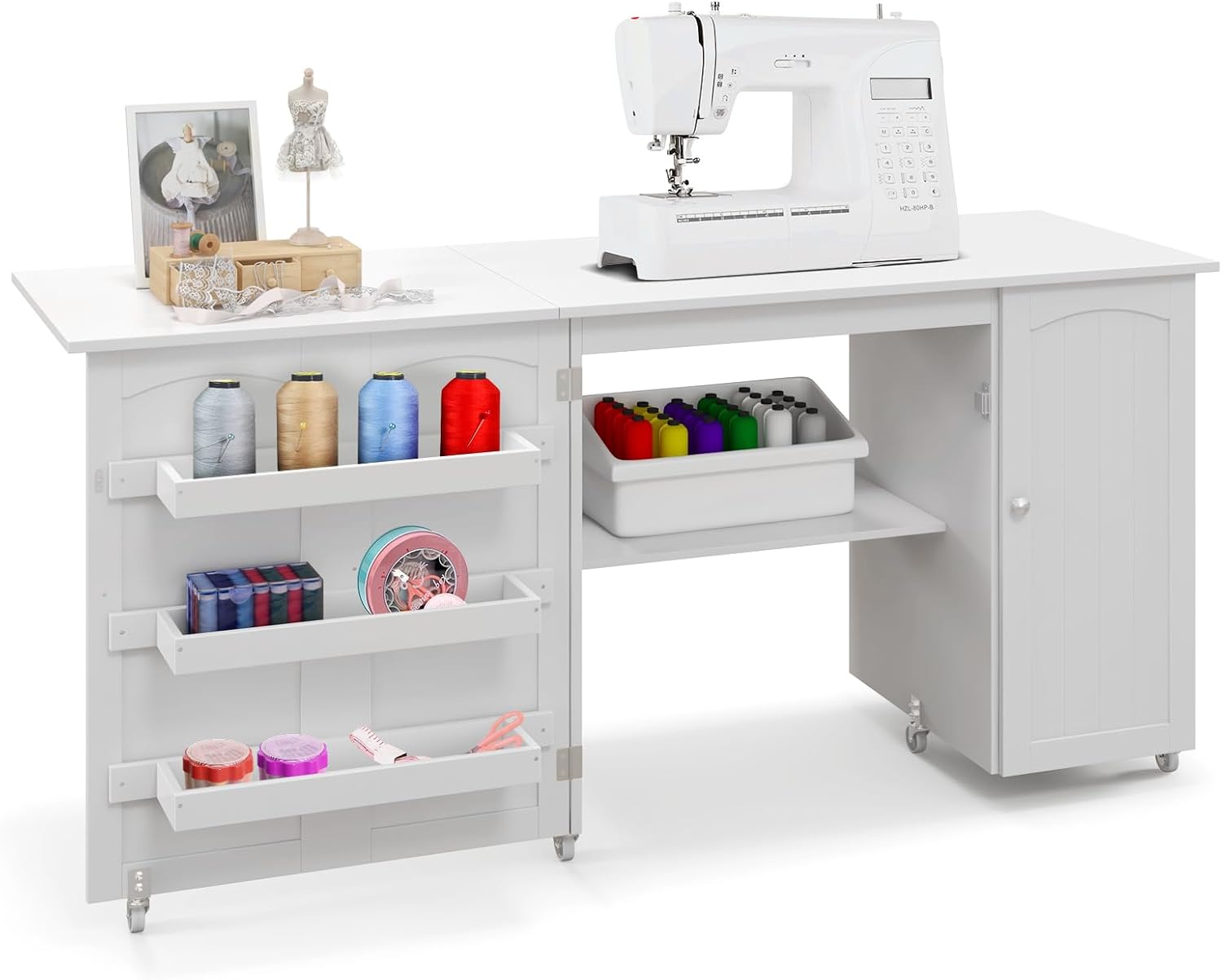 COSTWAY 62.5" x 20" Foldable Sewing Table w/Storage Shelves, Brown