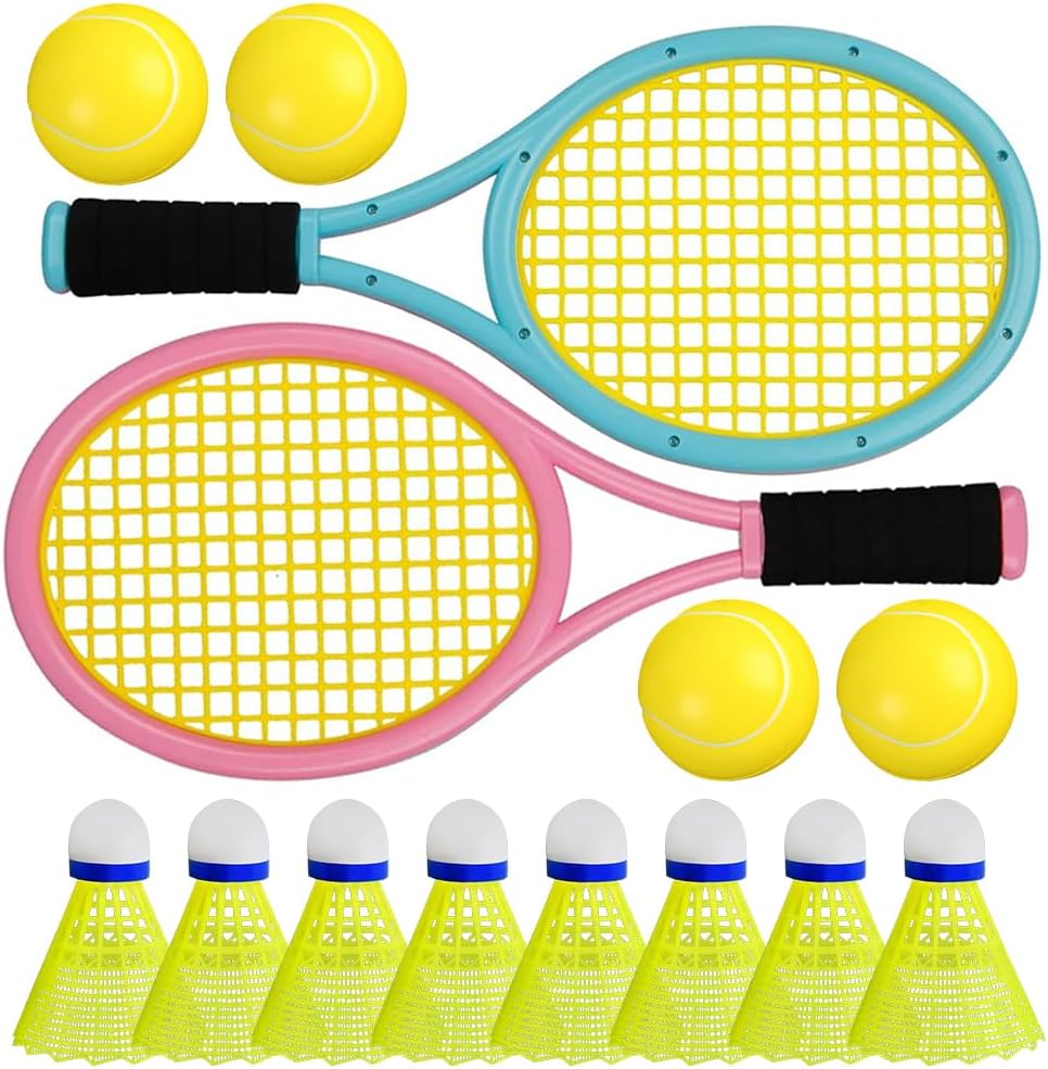 Lotvic Kids Tennis Rackets Set Includes 2 Rackets, 4 Tennis Balls, 8 Badmintons and Storage Bag, Lightweight Kids Badminton Set for Children Age 3+ Indoor Outdoor Sport Game (Blue & Pink)