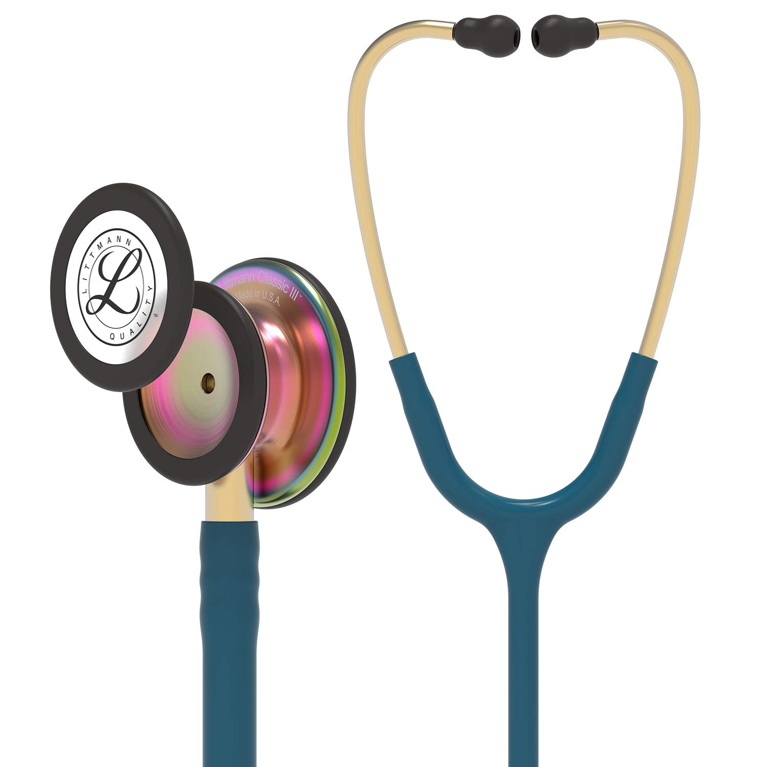 3M Littmann Classic III Monitoring Stethoscope, 5807, More Than 2X as Loud, Weighs Less, Stainless Steel Rainbow-Finish Chestpiece, 27' Caribbean Blue Tube, Brass Stem and Headset