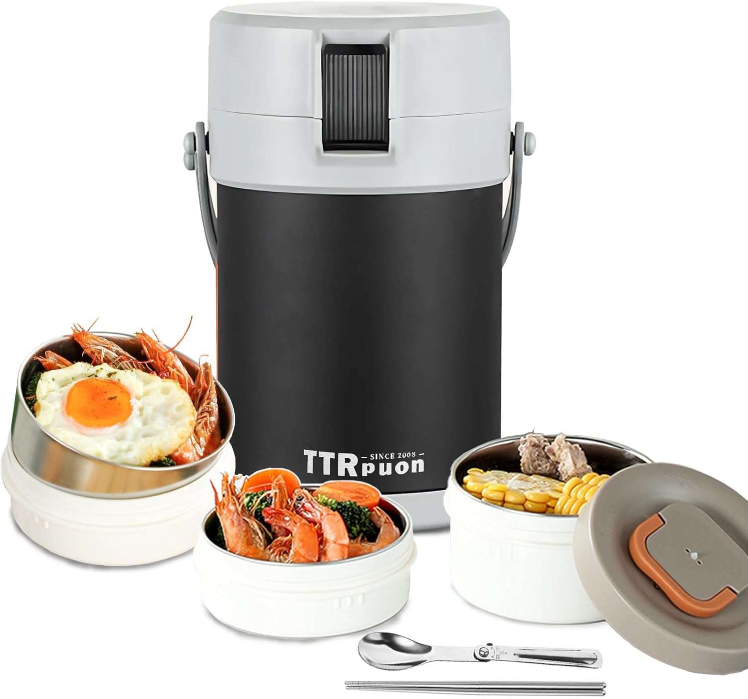 67oz Thermo for Hot Food, 3 Tier Stainless Steel Leak Proof Stackable Thermo Food Jar, Hot Cold lunch box Containers With Folding Spoon For Office Picnic Travel Outdoors (Matte Black)