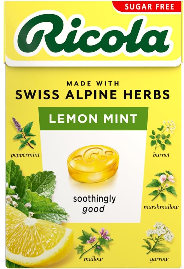 Ricola Lemon Mint Sugar Free Swiss Herbal Sweets, Herb Drops, Sweet Box 45g - Pack of 10 Boxes
