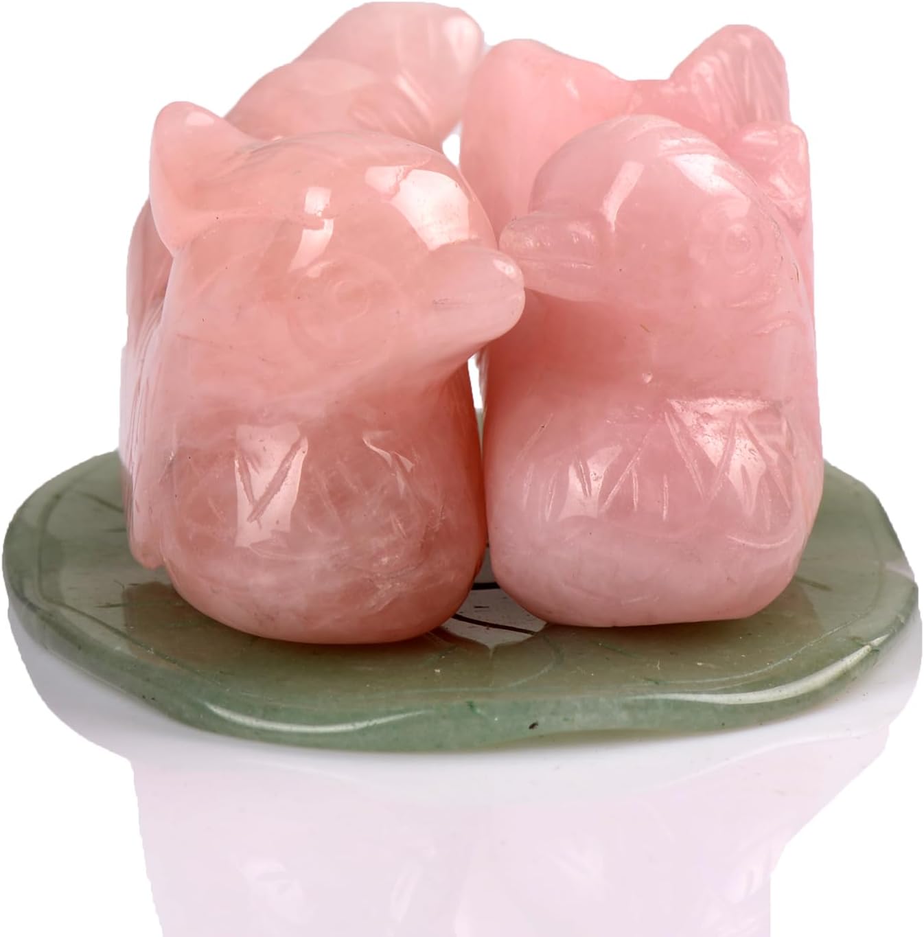 1.5inches Rose Quartz Mandarin Ducks Feng Shui Crystal Love Birds Green Aventurine Lotus Leaf Figurine for Lover and Romance