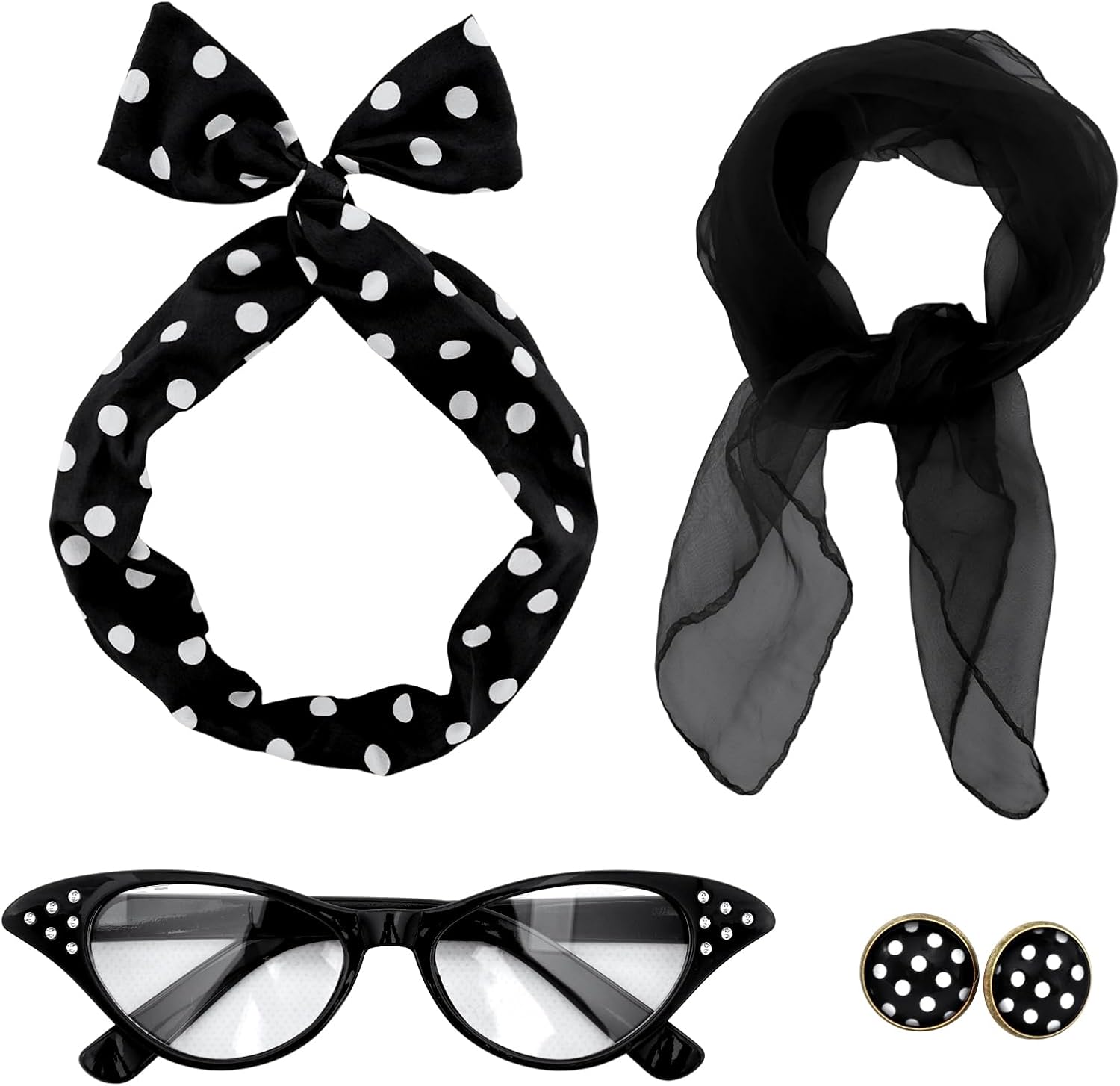 50s Set 50's Costume Accessories Chiffon Scarf Cat Eye Glasses Bandana Tie Headband Earrings for Cosplay Party
