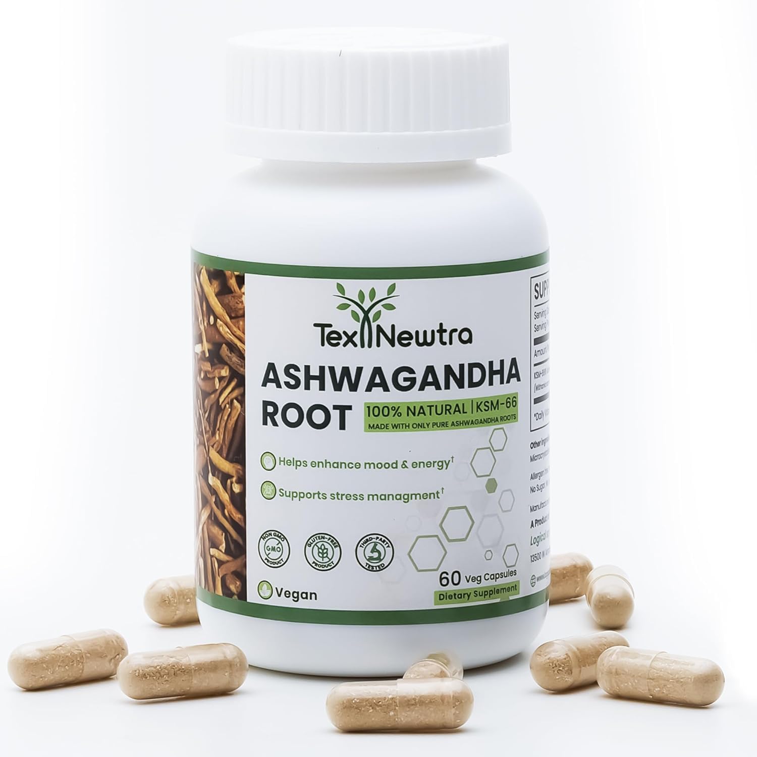 KSM-66 Ashwagandha Root Extract 600mg, 60 Capsules - 5% Withanolides - Full-Spectrum Root Extract