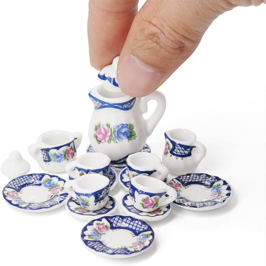 Odoria 1/12 Scale Dolls House Miniature Tea Sets 15Pcs Dollhouse Accessories, Blue Blossom