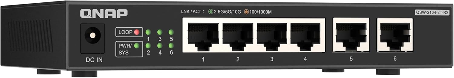 QNAP 4-port 2.5GbE and 2-port 10GbE Multi-Gig unmanaged switch. Affordably upgrade to high-speed networking (QSW-2104-2T-R2)