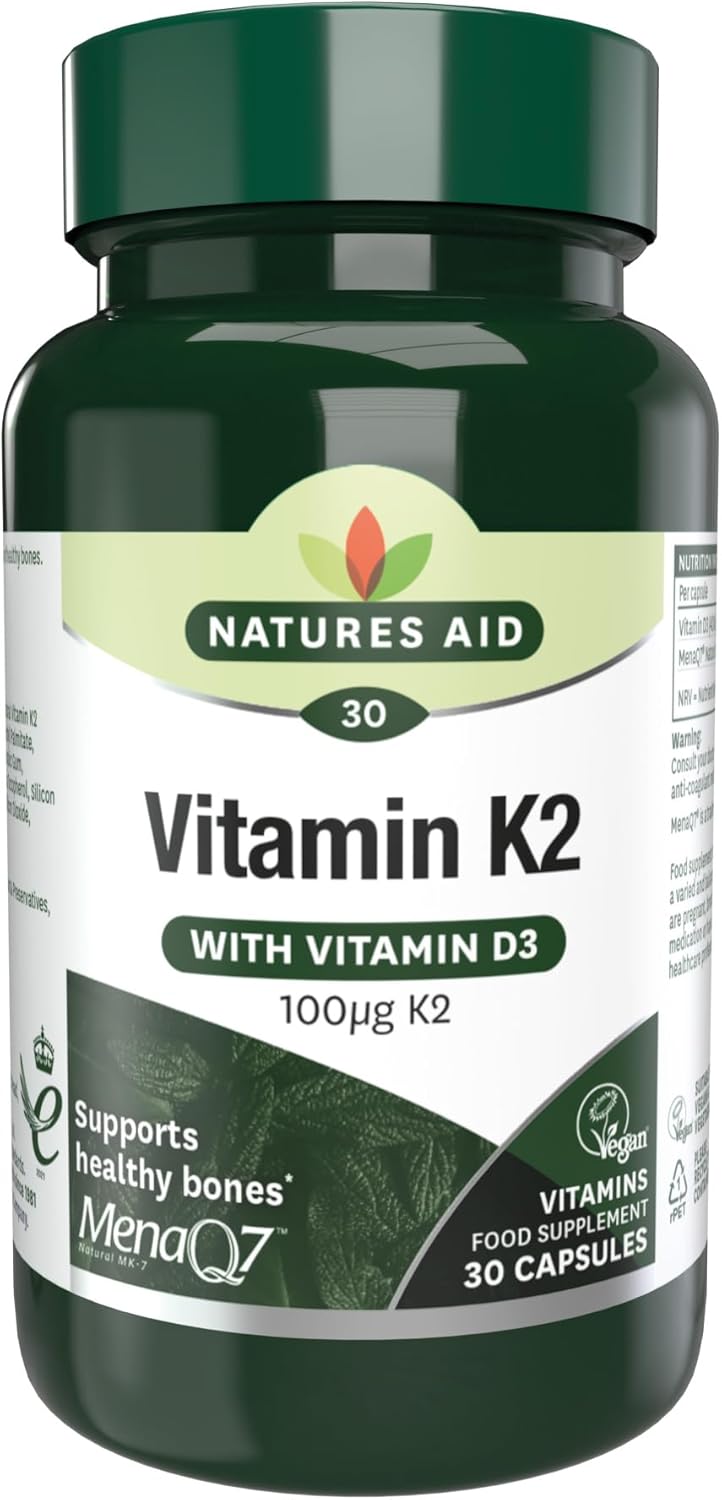 Natures Aid Vitamin K2 100mcg with Vitamin D3 – High Strength MenaQ7 Formula – Supports Bone Strength, Calcium Absorption, Muscle Function – Vegan, Gluten Free, Non-GMO – 30 Capsules