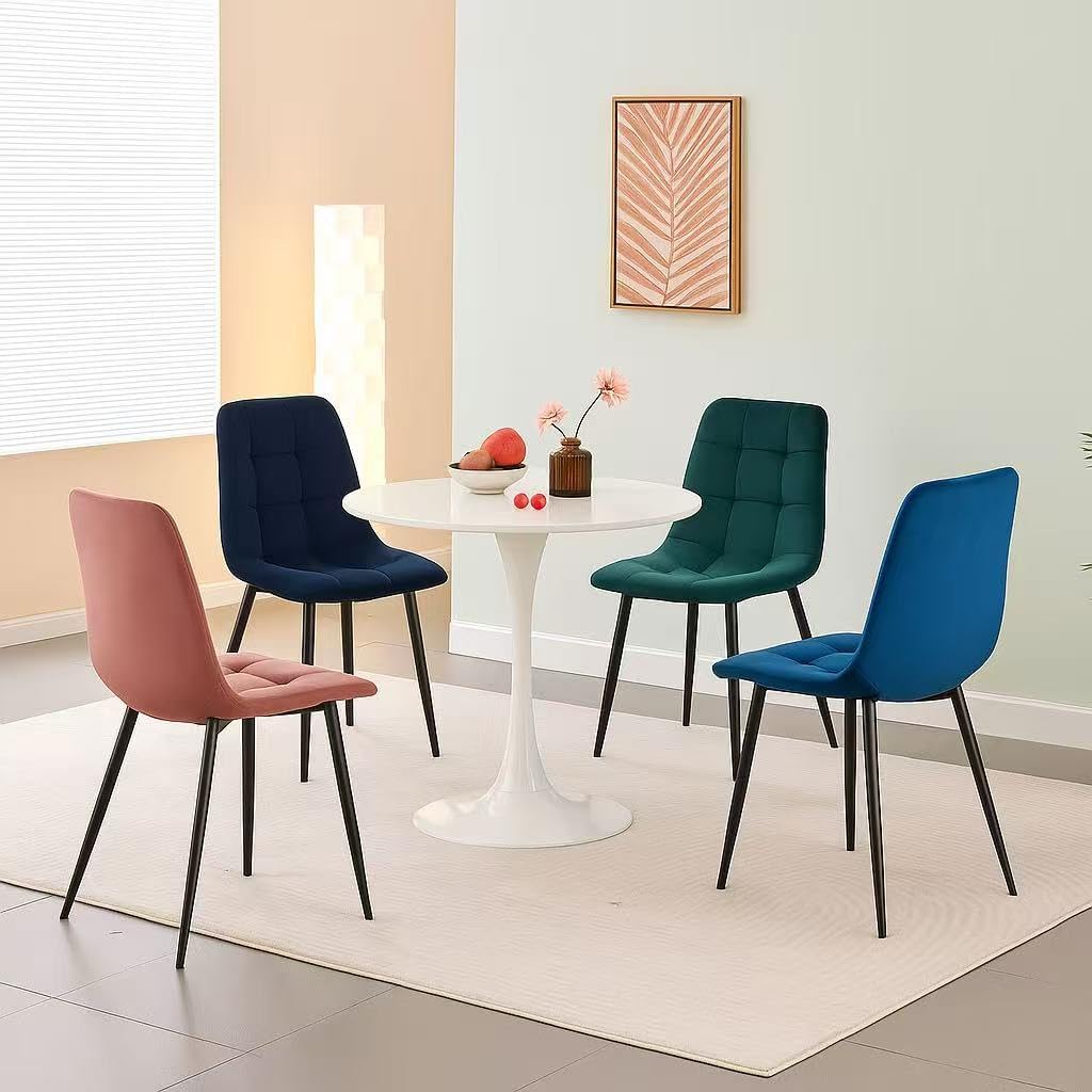 MOF Home Modern Velvet Dining Chairs, Set of 4, Velvet Tufted Upholstered Kitchen Chairs with Metal Legs, Multi-Color (CHECK PATTERN, MIX COLOUR AS IN MAIN PICTURE)