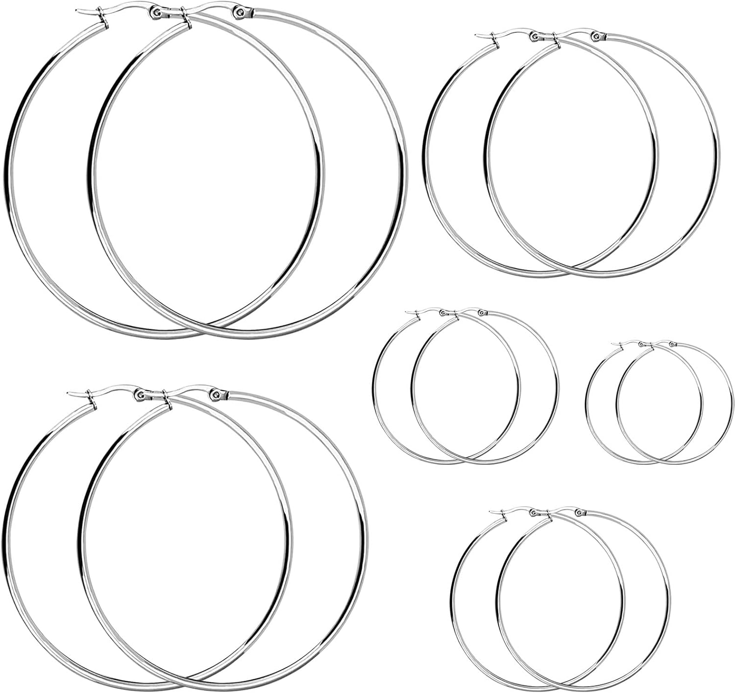 6 Pairs Silver Hoop Earrings, Large Silver Metal Hoop Earrings Set Big Hypoallergenic Lightweight Huggie Round Earring with Different Size for Women Girls Men (15/20/30/40/50/60mm)