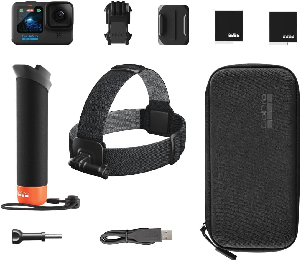 GoPro HERO12 Accessory Bundle - Includes HERO12 Black Camera, The Handler (Floating Hand Grip), Head Strap 2.0, Enduro Rechargeable Battery (2 Total), and Carrying Case