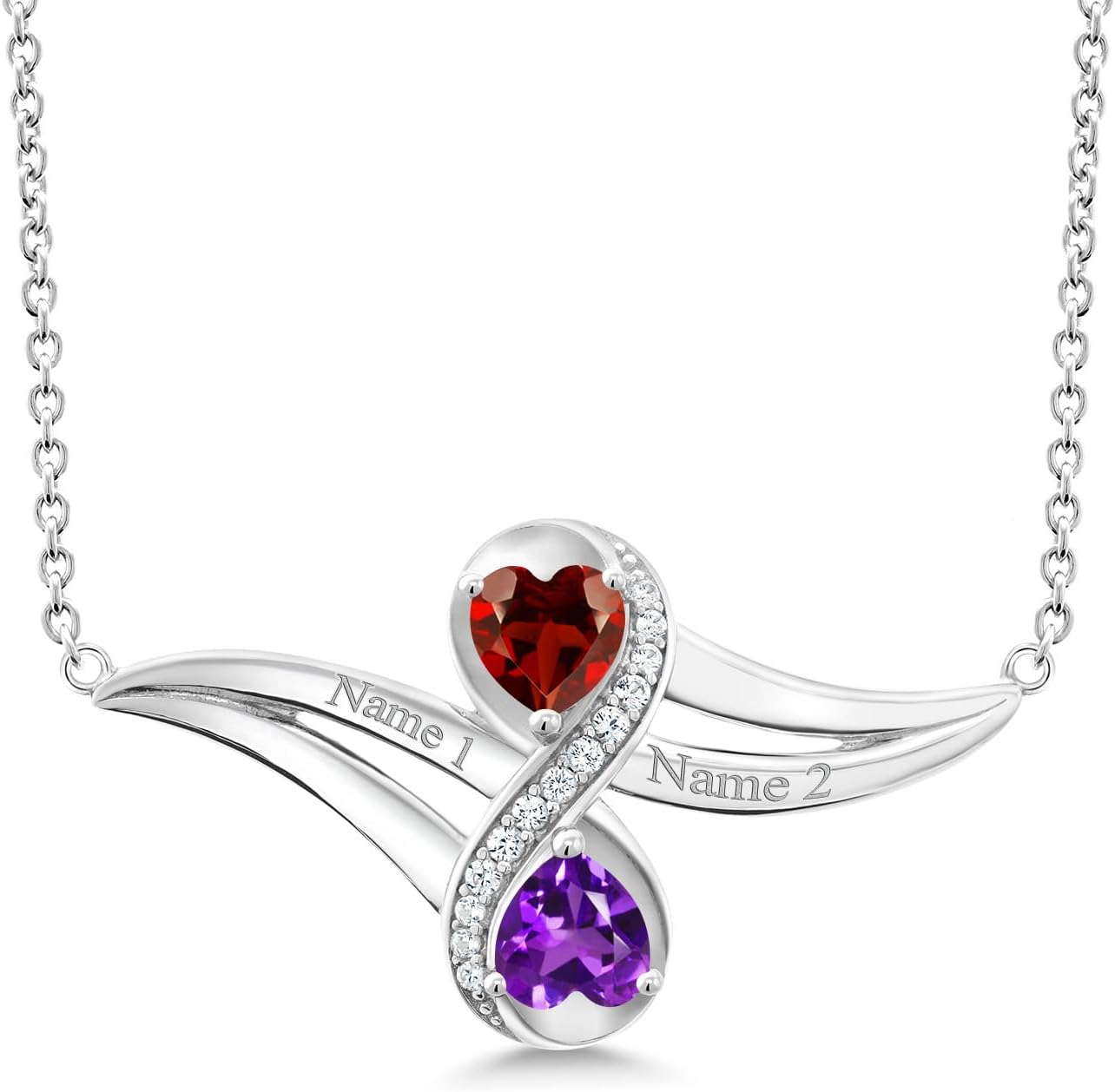 Gem Stone King 925 Sterling Silver Customized and Personalized Engraved Gemstone Birthstone 2 Heart Shape Pendant Necklace Promise Love Jewelry For Women with 18 Inch Silver Chain