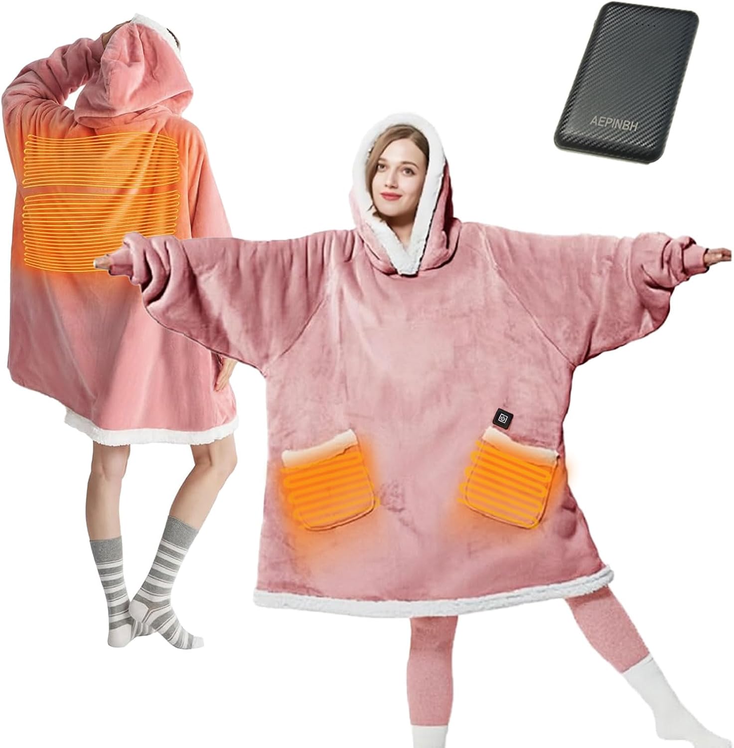 Cordless Heated Wearable Blanket Hoodie - Soft Sherpa Electric Heated Hoodie with Rechargeable 7.4V Battery Pack for Women, Men & Moms - Perfect Winter Gift for Outdoor Comfort(Pink)