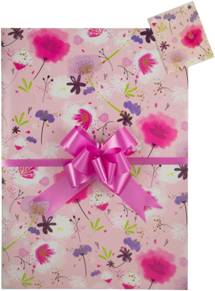 Poppy and Flowers, Pink Gift Wrap Pack, 2 Sheets, 2 Matching Tags and 2 Cerise Pull Bows, Arrives in an A4 boarded envelope for protection. Birthday wrapping paper female, flower wrapping paper