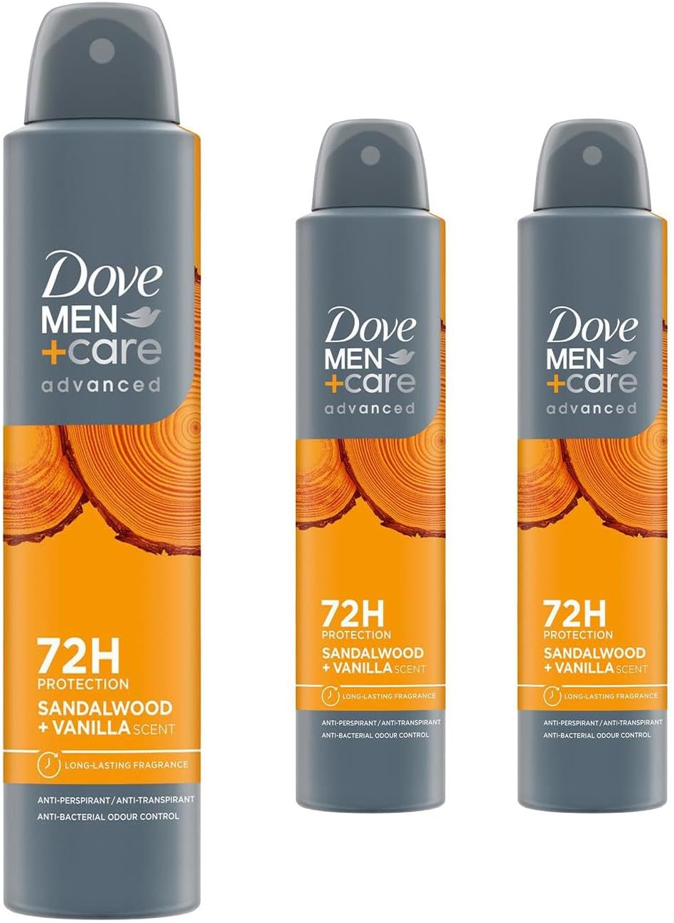 Dove Men+Care Advanced Sandalwood + Vanilla Anti-Perspirant Aerosol Men's Deodorant Spray with moisturising cream for 72 hour sweat protection and anti-bacterial odour control 200 ml Pack of 3
