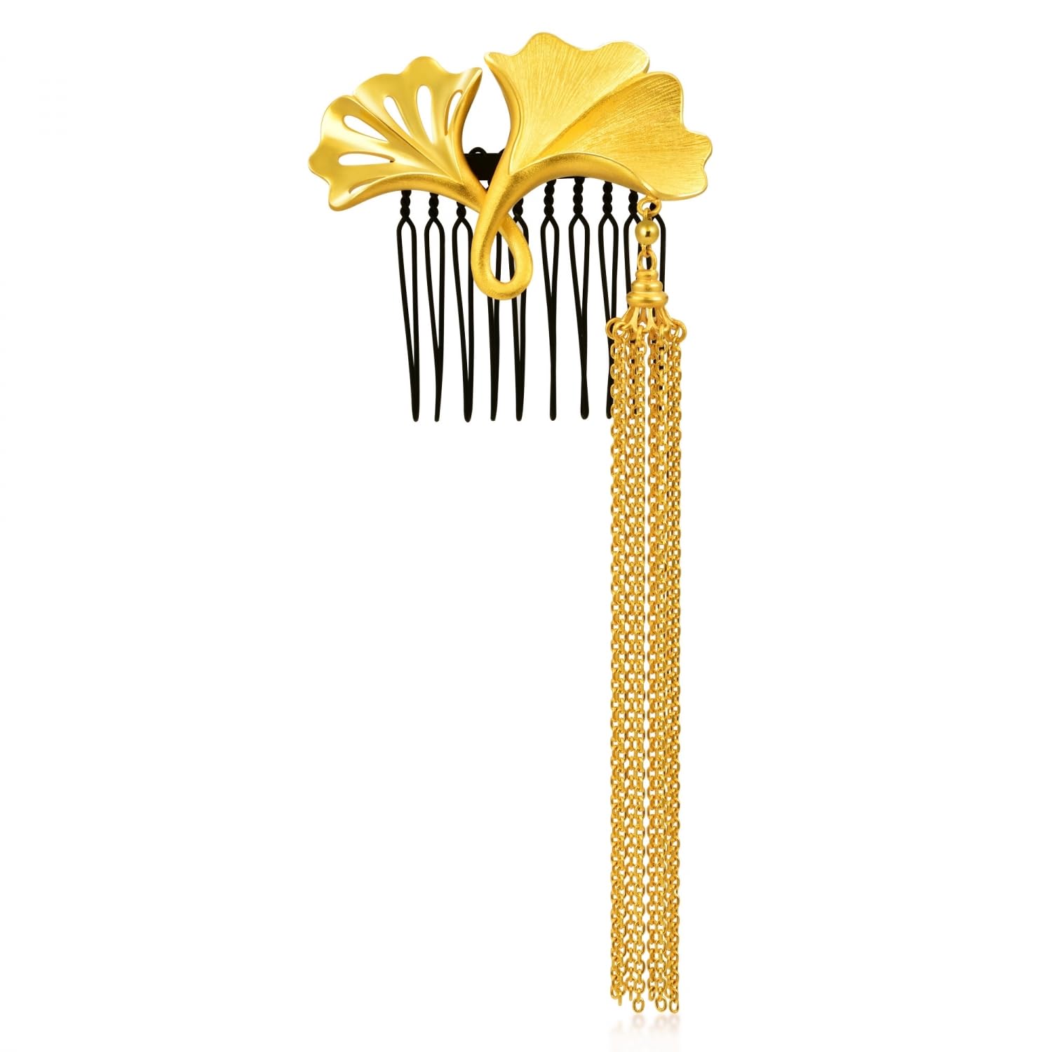 CHOW SANG SANG Chinese Wedding Collection 999.9 24K Solid Gold Price-by-Weight 30.69g Gold Bridal Blossoms Ginkgo Leaf with Dangling chains, Comb Clips, Hair Adornment for Bride 92407Q | Back Right