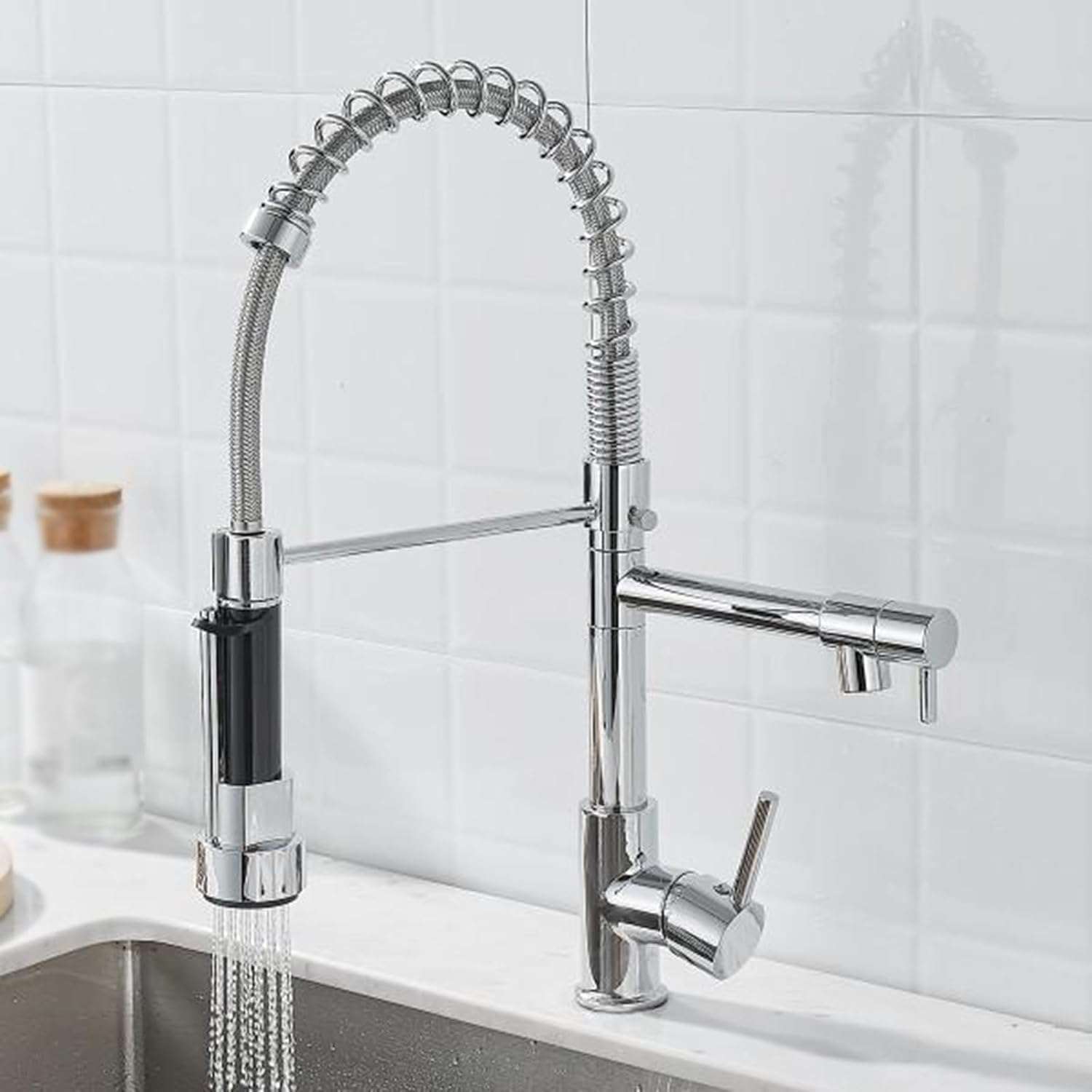Spring Kitchen Sink Mixer Tap Hot and Cold 360° Rotation Double Water Outlet Dual Spout Kitchen Taps Mixer Single Hole Chrome