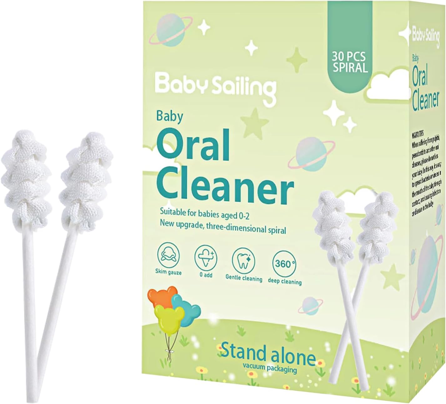 30-Pack Baby Tongue Cleaner Gauze – Gentle Newborn Oral Care, Disposable Toddler Tooth Brush for 0-24 Months Tooth Mouth Gum Clean (Spiral Style)