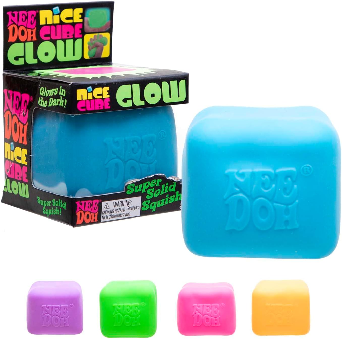 Schylling NeeDoh Nice Cube Glow - Squeeze Toy with a Super Solid Squish - Glows in The Dark - 2.25" Cube - Color May Vary (Pack of 1)